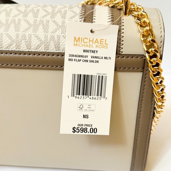 Michael Kors Whitney Medium Flap Shoulder Chain Crossbody Bag MK Vanilla Multi - Picture 10 of 16